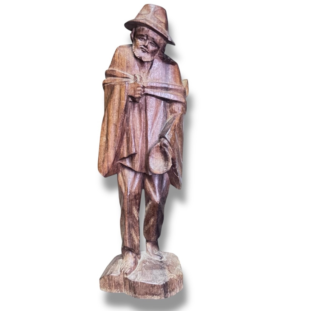 VTG Hand Carved Wood Man Wanderer Hobo Peddler Barefooted Bowl Art Figurine Gift